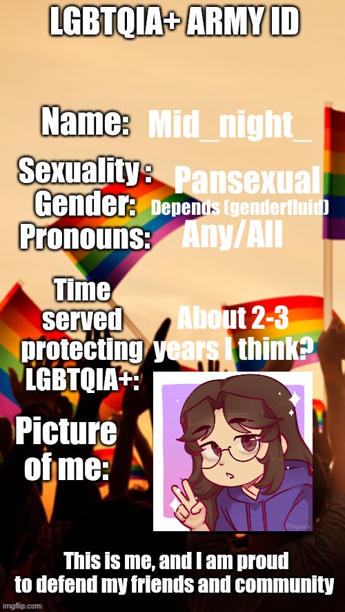 Yes :) | Mid_night_; Pansexual; Depends (genderfluid); Any/All; About 2-3 years I think? | image tagged in lgbtqia army id | made w/ Imgflip meme maker