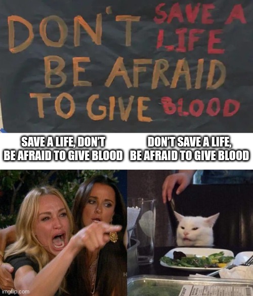 UHHHH wut? | SAVE A LIFE, DON’T BE AFRAID TO GIVE BLOOD; DON’T SAVE A LIFE, BE AFRAID TO GIVE BLOOD | image tagged in memes,woman yelling at cat | made w/ Imgflip meme maker