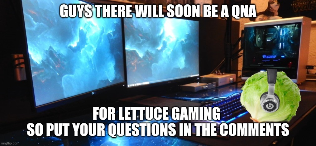 Lettuce gaming | GUYS THERE WILL SOON BE A QNA; FOR LETTUCE GAMING 
SO PUT YOUR QUESTIONS IN THE COMMENTS | image tagged in lettuce gaming | made w/ Imgflip meme maker