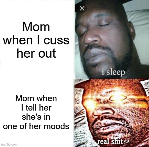 Meme #393 | Mom when I cuss her out; Mom when I tell her she's in one of her moods | image tagged in memes,sleeping shaq,moms,not really,funny,cussing | made w/ Imgflip meme maker