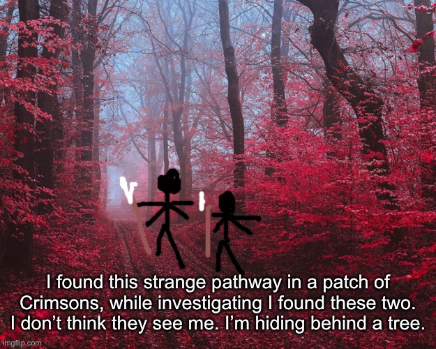 I found this strange pathway in a patch of Crimsons, while investigating I found these two. I don’t think they see me. I’m hiding behind a tree. | made w/ Imgflip meme maker