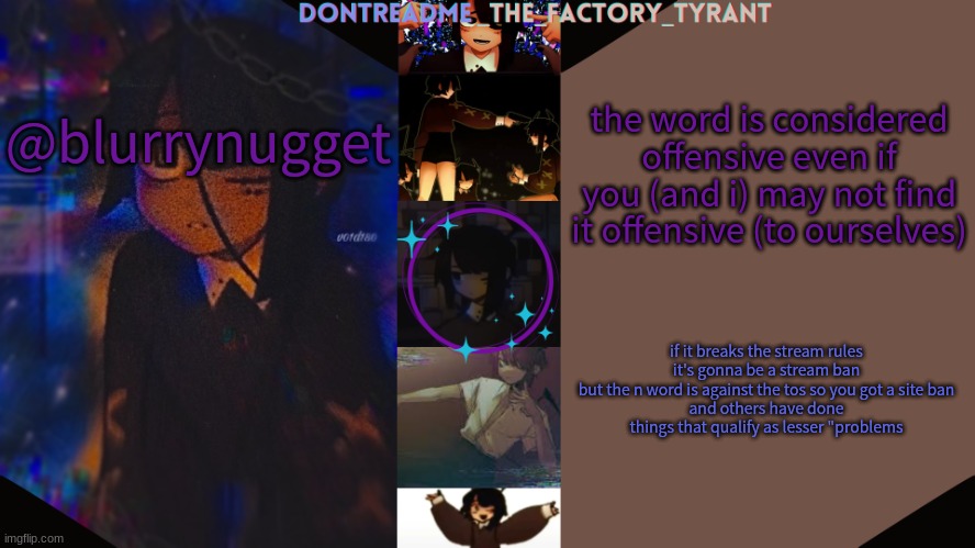 bruhg listen this is why you were banned | the word is considered offensive even if you (and i) may not find it offensive (to ourselves); @blurrynugget; if it breaks the stream rules it's gonna be a stream ban
but the n word is against the tos so you got a site ban
and others have done things that qualify as lesser "problems | image tagged in drm's tamari temp 3 | made w/ Imgflip meme maker