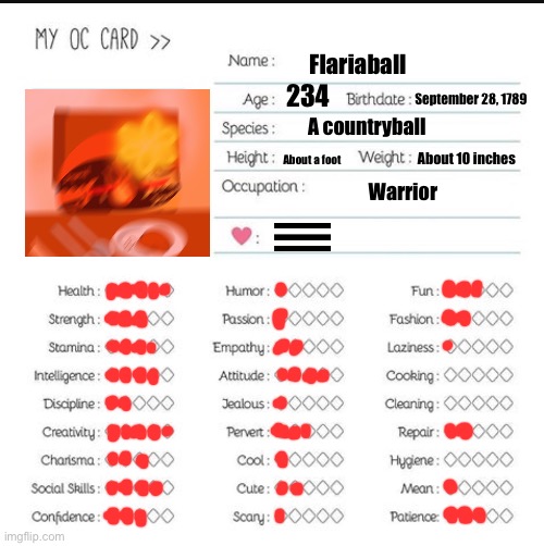 :l | Flariaball; 234; September 28, 1789; A countryball; About 10 inches; About a foot; Warrior | image tagged in my oc card | made w/ Imgflip meme maker