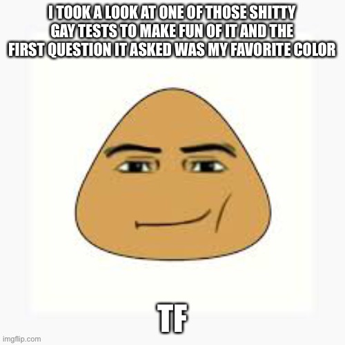 pou man face | I TOOK A LOOK AT ONE OF THOSE SHITTY GAY TESTS TO MAKE FUN OF IT AND THE FIRST QUESTION IT ASKED WAS MY FAVORITE COLOR; TF | image tagged in pou man face | made w/ Imgflip meme maker