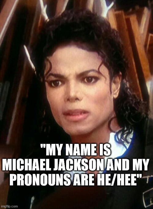 michael jackson WTF | "MY NAME IS MICHAEL JACKSON AND MY PRONOUNS ARE HE/HEE" | image tagged in michael jackson wtf | made w/ Imgflip meme maker