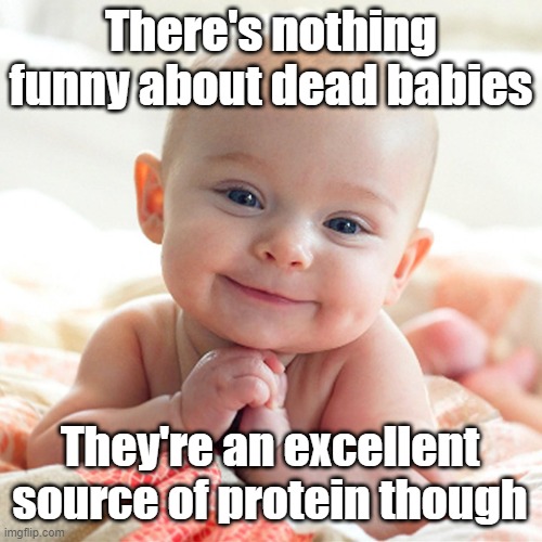 nutritious infants | There's nothing funny about dead babies; They're an excellent source of protein though | image tagged in cute baby | made w/ Imgflip meme maker