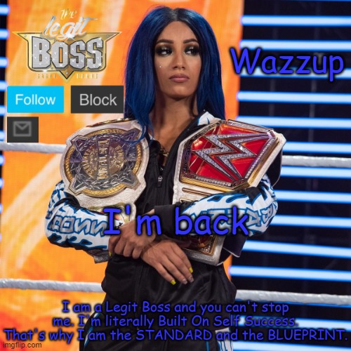 Sasha Banks template V2 | Wazzup; I'm back | image tagged in sasha banks template v2 | made w/ Imgflip meme maker