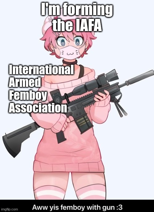 I'm forming the IAFA; International
Armed
Femboy
Association | made w/ Imgflip meme maker