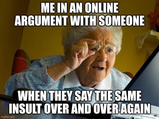 ye | ME IN AN ONLINE ARGUMENT WITH SOMEONE; WHEN THEY SAY THE SAME INSULT OVER AND OVER AGAIN | image tagged in memes,grandma finds the internet | made w/ Imgflip meme maker