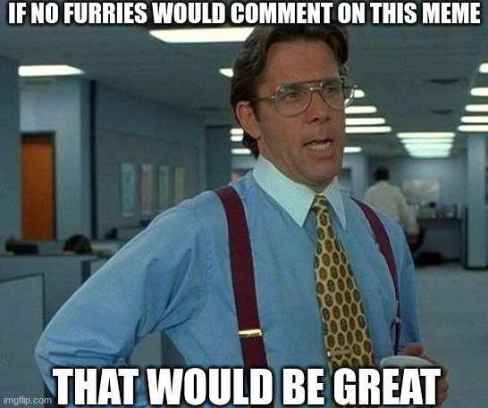 NO FURRIES |  IF NO FURRIES WOULD COMMENT ON THIS MEME; THAT WOULD BE GREAT | image tagged in memes,that would be great | made w/ Imgflip meme maker