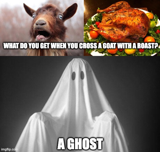 WHAT DO YOU GET WHEN YOU CROSS A GOAT WITH A ROAST? A GHOST | image tagged in goatscream2014,roasted turkey,ghost | made w/ Imgflip meme maker