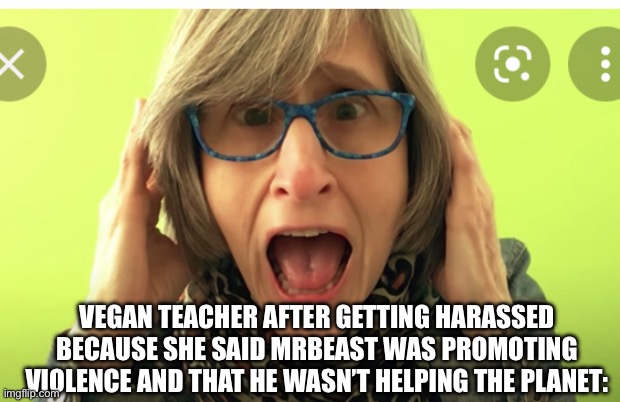See SunnyV2’s video about it | VEGAN TEACHER AFTER GETTING HARASSED BECAUSE SHE SAID MRBEAST WAS PROMOTING VIOLENCE AND THAT HE WASN’T HELPING THE PLANET: | image tagged in vegan teacher | made w/ Imgflip meme maker