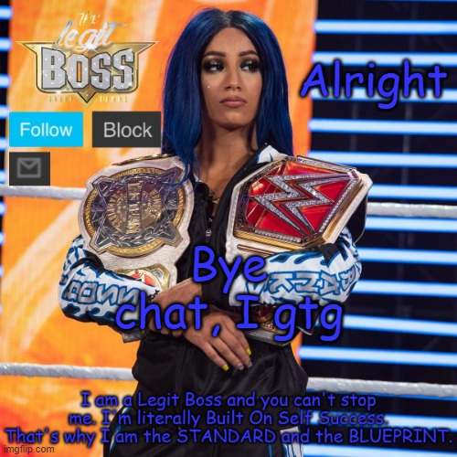 Sasha Banks template V2 | Alright; Bye chat, I gtg | image tagged in sasha banks template v2 | made w/ Imgflip meme maker