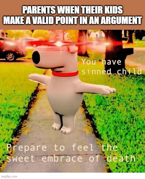 Arguments w/ parents in a nutshell | PARENTS WHEN THEIR KIDS MAKE A VALID POINT IN AN ARGUMENT | image tagged in you have sinned child prepare to feel the sweet embrace of death | made w/ Imgflip meme maker