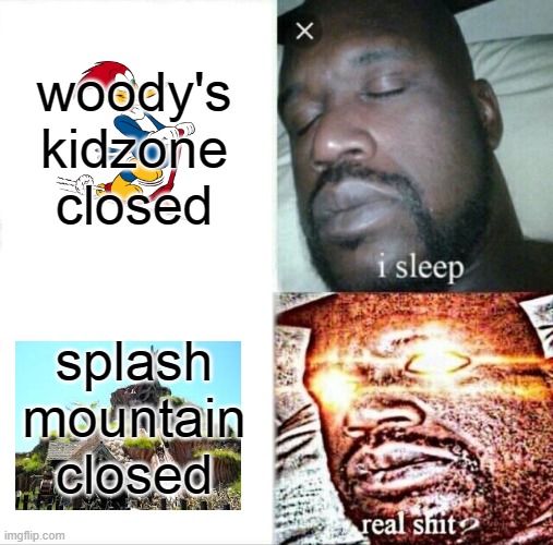 theme parks facts | woody's kidzone closed; splash mountain closed | image tagged in memes,sleeping shaq | made w/ Imgflip meme maker