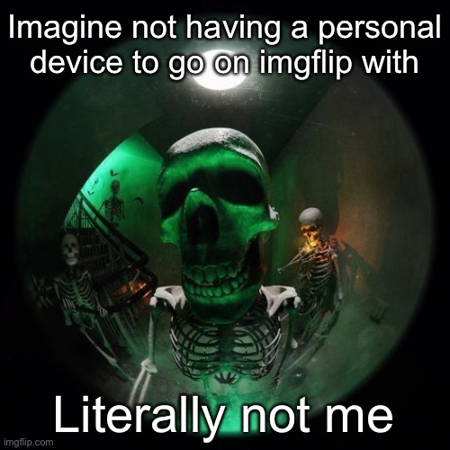 Skeleton fisheye | Imagine not having a personal device to go on imgflip with; Literally not me | image tagged in skeleton fisheye | made w/ Imgflip meme maker