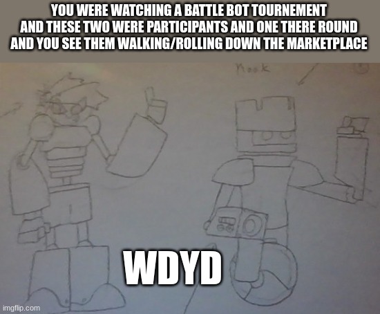 (yeah its on paper, i haven't transferred them to an online version) Right is Echo , Left is Rook | YOU WERE WATCHING A BATTLE BOT TOURNEMENT AND THESE TWO WERE PARTICIPANTS AND ONE THERE ROUND AND YOU SEE THEM WALKING/ROLLING DOWN THE MARKETPLACE; WDYD | made w/ Imgflip meme maker
