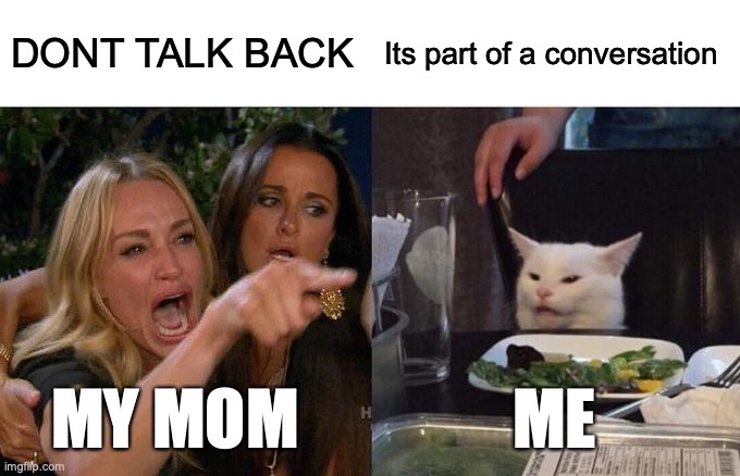 ... | DONT TALK BACK; Its part of a conversation; MY MOM; ME | image tagged in memes,woman yelling at cat | made w/ Imgflip meme maker