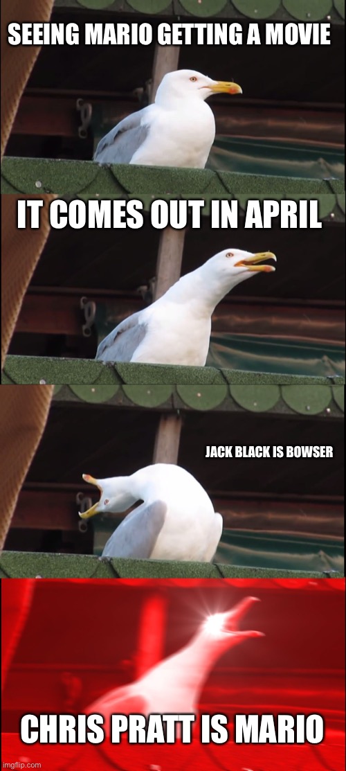 My reaction to the cast | SEEING MARIO GETTING A MOVIE; IT COMES OUT IN APRIL; JACK BLACK IS BOWSER; CHRIS PRATT IS MARIO | image tagged in memes,inhaling seagull | made w/ Imgflip meme maker