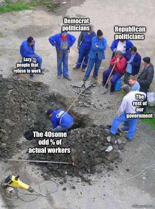 We are a socialist nation | Democrat politicians; Republican politicians; Lazy people that refuse to work; The rest of our government; The 40some odd % of actual workers | image tagged in single worker digging hole,politics lol,memes | made w/ Imgflip meme maker