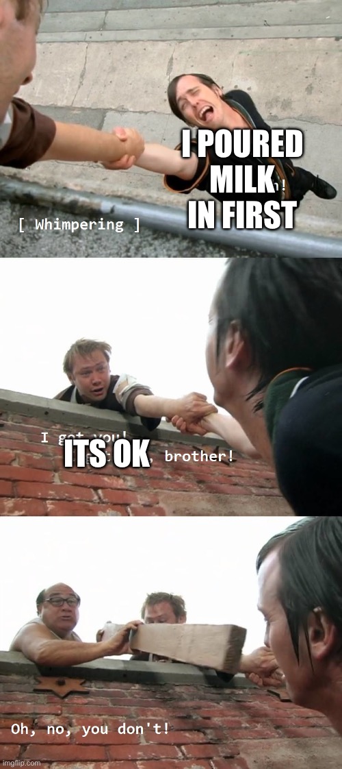 It’s serious | I POURED MILK IN FIRST; ITS OK | image tagged in oh no you don't | made w/ Imgflip meme maker