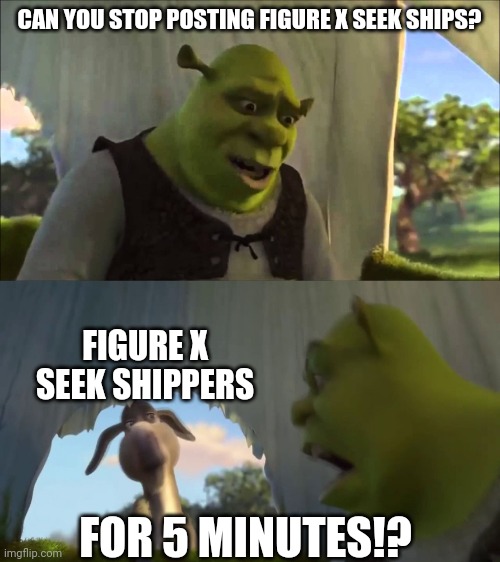 shrek five minutes | CAN YOU STOP POSTING FIGURE X SEEK SHIPS? FIGURE X SEEK SHIPPERS; FOR 5 MINUTES!? | image tagged in shrek five minutes,opinion,doors | made w/ Imgflip meme maker