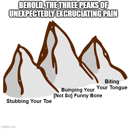 This Better Be Relatable | BEHOLD, THE THREE PEAKS OF UNEXPECTEDLY EXCRUCIATING PAIN; Biting Your Tongue; Bumping Your [Not So] Funny Bone; Stubbing Your Toe | image tagged in mountain,pain | made w/ Imgflip meme maker
