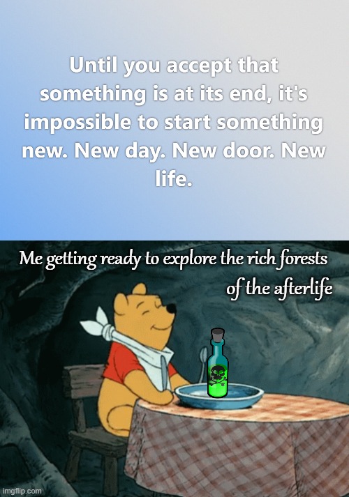 Me getting ready to explore the rich forests; of the afterlife | image tagged in dark humor,depression,nsfw,winnie the pooh | made w/ Imgflip meme maker
