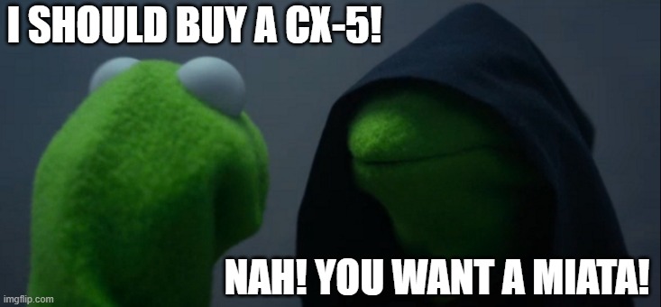 Evil Kermit Mazda | I SHOULD BUY A CX-5! NAH! YOU WANT A MIATA! | image tagged in memes,evil kermit | made w/ Imgflip meme maker