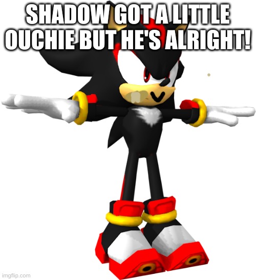 shadow the hedgehog t pose | SHADOW GOT A LITTLE OUCHIE BUT HE'S ALRIGHT! | image tagged in shadow the hedgehog t pose | made w/ Imgflip meme maker