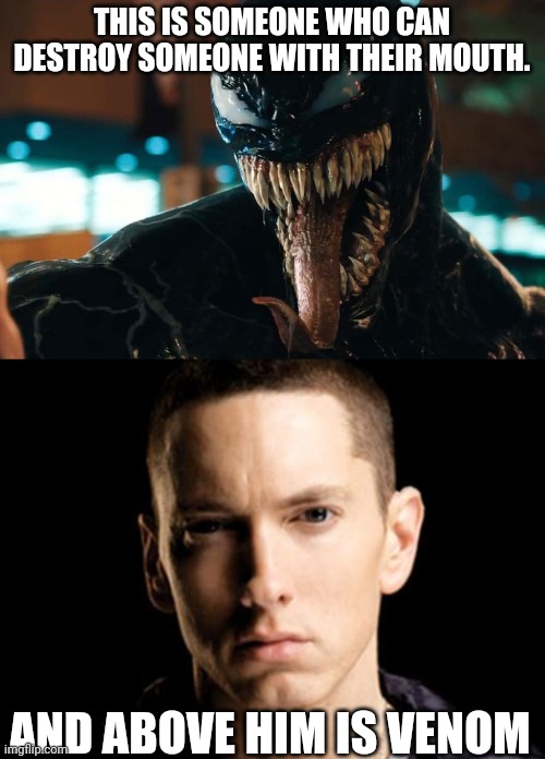 THIS IS SOMEONE WHO CAN DESTROY SOMEONE WITH THEIR MOUTH. AND ABOVE HIM IS VENOM | image tagged in venom,memes,eminem | made w/ Imgflip meme maker