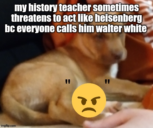A | my history teacher sometimes threatens to act like heisenberg bc everyone calls him walter white | made w/ Imgflip meme maker