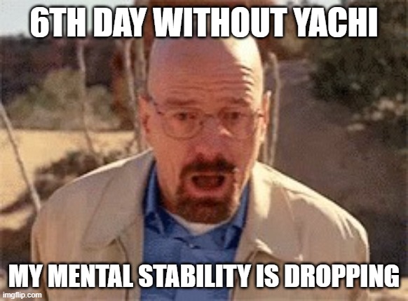 Walter White | 6TH DAY WITHOUT YACHI; MY MENTAL STABILITY IS DROPPING | image tagged in walter white | made w/ Imgflip meme maker