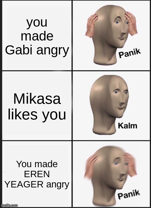 Panik Kalm Panik Meme | you made Gabi angry; Mikasa likes you; You made EREN YEAGER angry | image tagged in memes,panik kalm panik | made w/ Imgflip meme maker