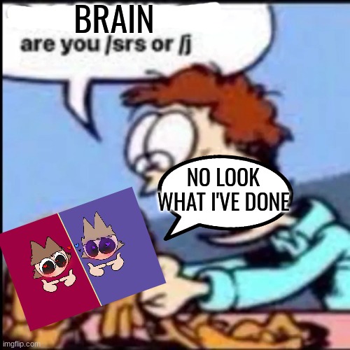 It was /j and at 2 am lol | BRAIN; NO LOOK WHAT I'VE DONE | image tagged in garfield are you /srs or /j,tordtom at 3 am is silly,stop,/j | made w/ Imgflip meme maker