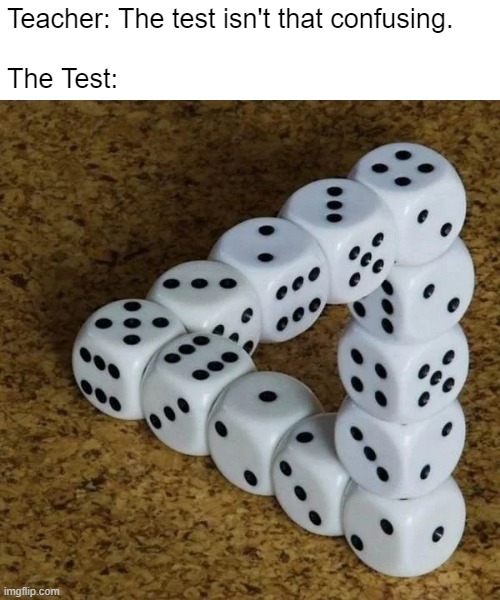 Tests are so confusing. | Teacher: The test isn't that confusing.
 
The Test: | image tagged in memes,test,school,funny,confusing,dice | made w/ Imgflip meme maker