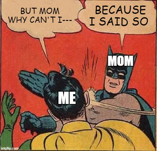 Batman Slapping Robin |  BUT MOM WHY CAN'T I---; BECAUSE I SAID SO; MOM; ME | image tagged in memes,batman slapping robin | made w/ Imgflip meme maker