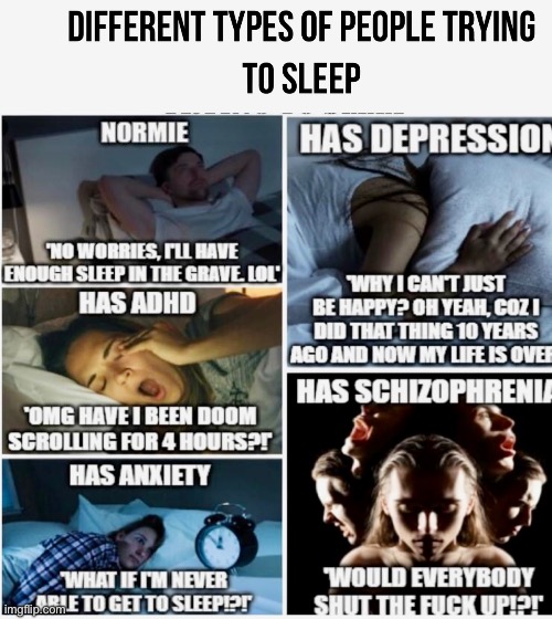 Sleep differences | image tagged in adhd,schizophrenia,anxiety,depression,normal | made w/ Imgflip meme maker