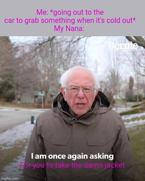 My Nana will do whatever it takes to get me to wear the damn jacket. | Me: *going out to the car to grab something when it's cold out*
My Nana:; For you to take the damn jacket | image tagged in memes,bernie i am once again asking for your support | made w/ Imgflip meme maker