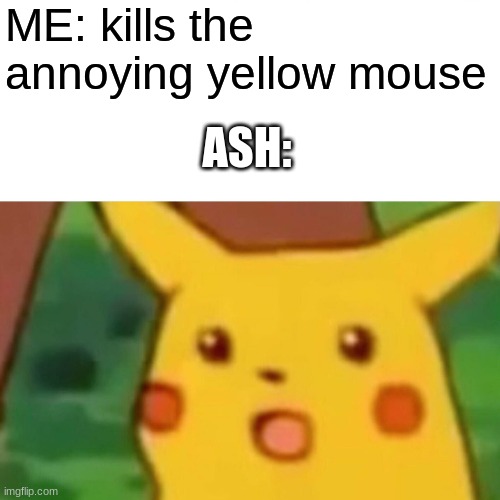 Surprised Pikachu | ME: kills the annoying yellow mouse; ASH: | image tagged in memes,surprised pikachu | made w/ Imgflip meme maker