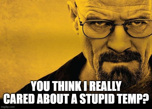 Breaking bad | YOU THINK I REALLY CARED ABOUT A STUPID TEMP? | image tagged in breaking bad | made w/ Imgflip meme maker