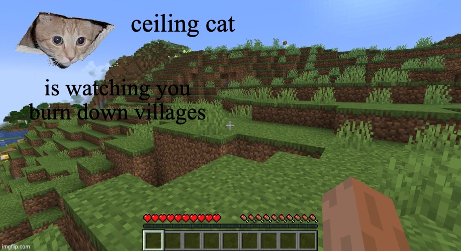 Totally me | ceiling cat; is watching you burn down villages | image tagged in ceiling cat,minecraft | made w/ Imgflip meme maker