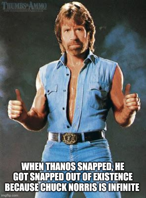 chuck norris approves | WHEN THANOS SNAPPED, HE GOT SNAPPED OUT OF EXISTENCE BECAUSE CHUCK NORRIS IS INFINITE | image tagged in chuck norris approves | made w/ Imgflip meme maker