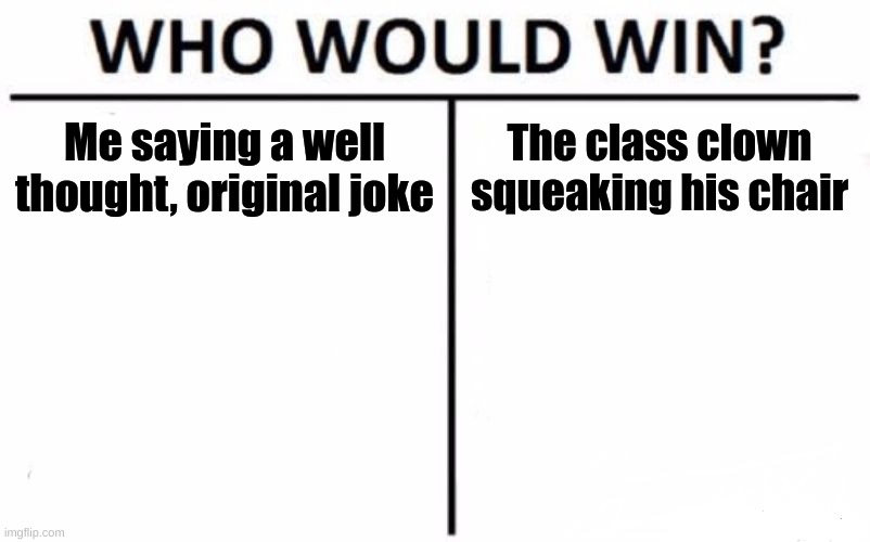 People literally laugh at anything the class clown does | Me saying a well thought, original joke; The class clown squeaking his chair | image tagged in memes,who would win | made w/ Imgflip meme maker