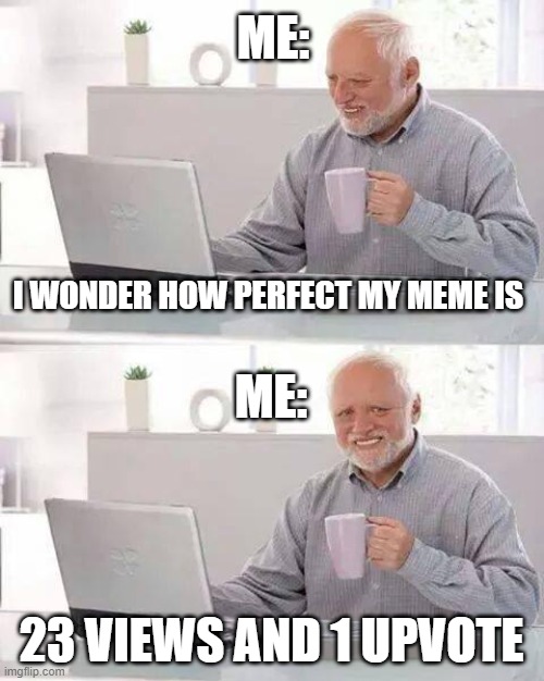 the one and only thing that everybody relates to | ME:; I WONDER HOW PERFECT MY MEME IS; ME:; 23 VIEWS AND 1 UPVOTE | image tagged in memes,hide the pain harold | made w/ Imgflip meme maker