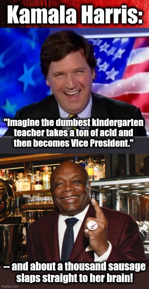 The perfect description of our useless diversity-hire vice president | Kamala Harris:; "Imagine the dumbest kindergarten
teacher takes a ton of acid and
then becomes Vice President."; -- and about a thousand sausage
slaps straight to her brain! | image tagged in red background,tucker carlson,willie brown,kamala harris,democrats,acid | made w/ Imgflip meme maker