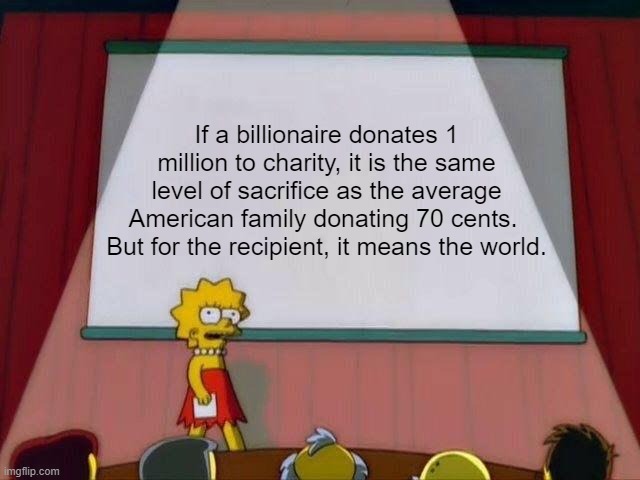 Lisa Simpson's Presentation | If a billionaire donates 1 million to charity, it is the same level of sacrifice as the average American family donating 70 cents.  But for the recipient, it means the world. | image tagged in lisa simpson's presentation | made w/ Imgflip meme maker