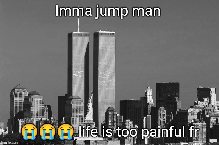 Del shouldn't have let me up here alone I'm only 14 months old | Imma jump man; 😭😭😭 life is too painful fr | image tagged in rip twin towers | made w/ Imgflip meme maker