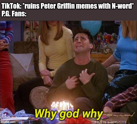 WHY TIK TOK BRUHHHHH | TikTok: *ruins Peter Griffin memes with N-word*
P.G. Fans: | image tagged in why god why,tiktok sucks,peter griffin,n word,wtf,memes | made w/ Imgflip meme maker