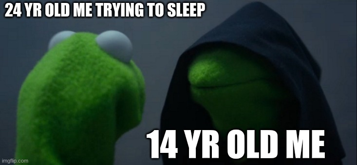 Evil Kermit | 24 YR OLD ME TRYING TO SLEEP; 14 YR OLD ME | image tagged in memes,evil kermit | made w/ Imgflip meme maker